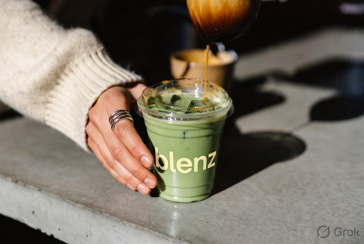 Matcha iced latte held outside